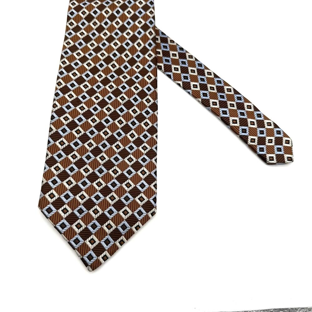 Jos. A. Bank Mens Silk Tie Chocolate Brown Blue Geometric Lattice Italy 59"